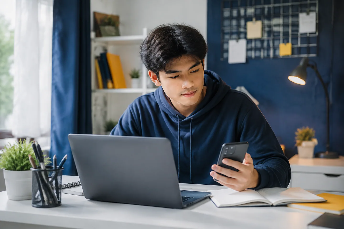 Pelajar Indonesia mengecek rencana belajar dengan laptop dan ponsel